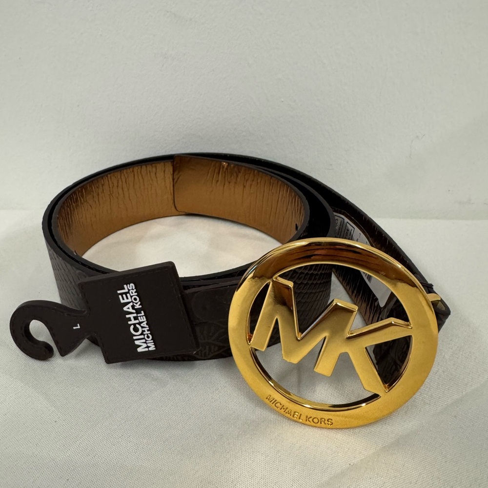 Michael Kors Dark Brown Belt with Gold Logo Buckle